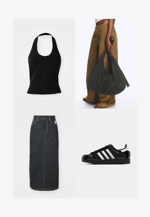 Μαύρο halter top από μαλακό ύφασμα, με στρογγυλή λαιμόκοψη και εφαρμοστή σιλουέτα, με λεία υφή και χωρίς ορατά σχέδια.; Μαύρη τζιν μίντι φούστα με λευκές κάθετες ρίγες. Διαθέτει μέση με κουμπί, δύο μπροστινές τσέπες και αντίθετο ράψιμο. Σχεδίαση ίσιας γραμμής.; adidas Originals SUPERSTAR II - Αθλητικά παπούτσια - core black/footwear white/gold metallic; Άτομο που φορά καφέ παντελόνια φαρδιά και λευκό τοπ κρατώντας μια μεγάλη μαύρη μαλακή τσάντα χειρός από το λουρί της στο πλάι.