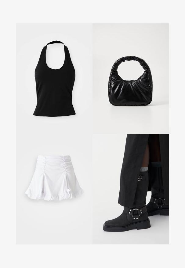 Top negro tipo halter hecho de una tela suave, con un escote redondeado y una silueta ajustada, con una textura lisa y sin patrones visibles.; Falda blanca de tela texturizada con detalles fruncidos y dobladillo con volantes. Presenta un diseño acampanado con una cintura ajustada.; Botas negras hasta el tobillo hechas de cuero con un acabado mate, punta cuadrada y hebillas decorativas. La suela es gruesa y texturizada.; Bolso negro acolchado con un asa redondeada, que presenta una superficie lisa y brillante y una textura suave y acolchada. Sin herrajes ni acentos visibles.