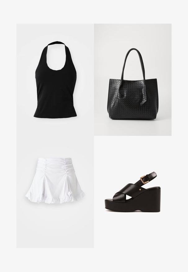 Μαύρο halter top από μαλακό ύφασμα, με στρογγυλή λαιμόκοψη και εφαρμοστή σιλουέτα, με λεία υφή και χωρίς ορατά σχέδια.; Λευκή φούστα από υφασμάτινη υφή με ρυτίνη και φουσκάλες στο τελείωμα. Διαθέτει ανοιχτή σχεδίαση με εφαρμοστό μέσο.; Μαύρο πλατφόρμα δερμάτινο σανδάλι με σταυρωτά λουριά μπροστά, ρυθμιζόμενο χρυσό αγκράφα στον αστράγαλο και χοντρή σόλα πλατφόρμας.; Μαύρη υφασμάτινη δερμάτινη τσάντα tote με δύο χερούλια, δομημένο σχήμα και λεπτή γυαλιστερή εμφάνιση σε απλό ανοιχτό φόντο.