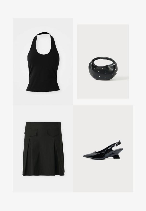 Μαύρο halter top από μαλακό ύφασμα, με στρογγυλή λαιμόκοψη και εφαρμοστή σιλουέτα, με λεία υφή και χωρίς ορατά σχέδια.; Μαύρη φούστα με ίσια γραμμή, μπροστινές πτυχές, πίσω τσέπες και λεία υφή. Η ζώνη είναι διαρθρωμένη για άνετη εφαρμογή.; Μαύρο παπούτσι slingback από πατενταρισμένο δέρμα με μυτερή μύτη και χαμηλό κεκλιμένο τακούνι τύπου block σε απλό φωτεινό φόντο.; Μαύρη δερμάτινη τσάντα χειρός με στρογγυλεμένο σχήμα, διακοσμημένη με ασημένιες λεπτομέρειες με καρφιά και κοντή λαβή. Λείο υλικό και κλείσιμο με φερμουάρ.