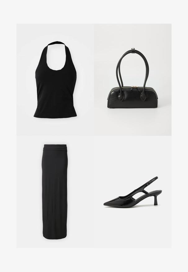 Μαύρο halter top από μαλακό ύφασμα, με στρογγυλή λαιμόκοψη και εφαρμοστή σιλουέτα, με λεία υφή και χωρίς ορατά σχέδια.; Μαύρη, μακρύς φούστα από μαλακό, ελαστικό ύφασμα με εφαρμοστό λάστιχο στη μέση. Απλός, λείας σχέδιο χωρίς μοτίβα ή διακοσμήσεις.; Μαύρες γόβες slingback με μυτερή μύτη, κατασκευασμένες από γυαλιστερό υλικό, με διακριτικά κόψιματα και μέτριο τακούνι για υποστήριξη.; Μαύρη δερμάτινη τσάντα χειρός με δύο επιμήκεις λαβές, φερμουάρ, και στρογγυλή σιλουέτα; λεία υφή με διακριτή γυαλιστερή φινίρισμα.
