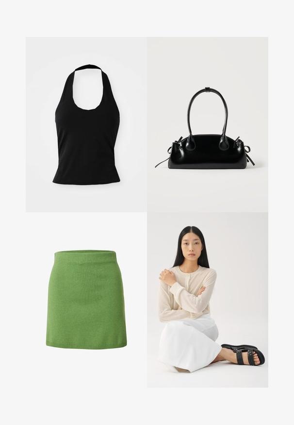Haut halter noir en tissu doux, avec un col rond et une silhouette ajustée, à la texture lisse et sans motifs visibles.; Jupe en tricot vert avec une taille ajustée, un design structuré et une texture lisse, présentant un ourlet net sans détails supplémentaires.; Haut beige clair à manches longues, boutonné, associé à une jupe blanche ; le mannequin porte des sandales noires à brides, assis avec les bras croisés.; Petit sac à main noir brillant avec deux longues anses et des détails à cordon sur les côtés sur un fond clair uni.