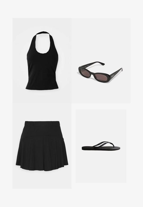 Haut halter noir en tissu doux, avec un col rond et une silhouette ajustée, à la texture lisse et sans motifs visibles.; Jupe mini noire évasée en tissu doux et extensible, dotée d'une taille élastique pour le confort et d'un ourlet lisse. Aucun motif ou accent supplémentaire.; Sandale tong en caoutchouc noir avec semelle texturée et fines brides en Y sur un fond blanc uni.; Lunettes de soleil noires avec des montures ovales, des verres teintés foncés et "vogue" imprimé en blanc sur les branches extérieures. Matériau en plastique lisse.
