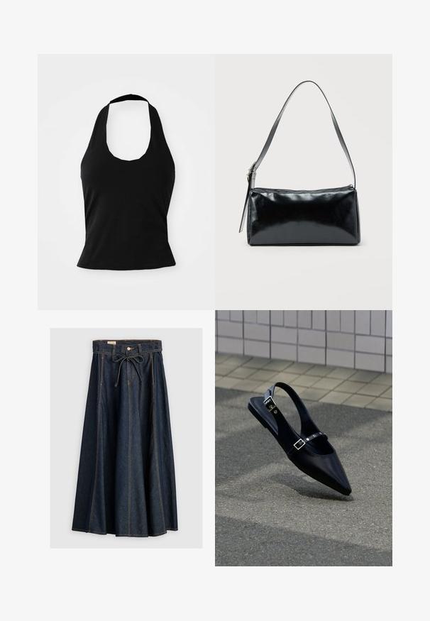 Haut halter noir en tissu doux, avec un col rond et une silhouette ajustée, à la texture lisse et sans motifs visibles.; Levi's® XL SKIRT - Jupe en jean - square circle; Mocassin noir à bout pointu et bride arrière, avec double boucle, posé sur un asphalt gris près d'un mur carrelé en arrière-plan.; Sac d'épaule rectangulaire noir avec une sangle réglable unique et une fermeture éclair supérieure sur un fond uni.