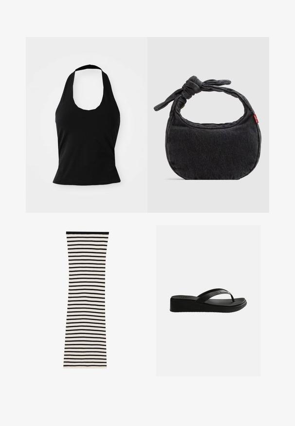 Μαύρο halter top από μαλακό ύφασμα, με στρογγυλή λαιμόκοψη και εφαρμοστή σιλουέτα, με λεία υφή και χωρίς ορατά σχέδια.; Φόρεμα ριγέ σε ασπρόμαυρες αποχρώσεις με ριμπ ύφασμα και εφαρμοστή γραμμή, που διαθέτει οριζόντιες ρίγες και στερεό μαύρο λαιμό.; Μαύρο πλατφόρμα σαγιονάρα με υφή στο πέλμα και λεπτές λουρίδες με διακριτική επωνυμία σε απλό λευκό φόντο.; Μικρή μαύρη τσάντα ώμου από τζιν με λουράκι κόμπο και κλείσιμο με φερμουάρ, με κόκκινη υφασμάτινη ετικέτα Levi's στο πλευρό.