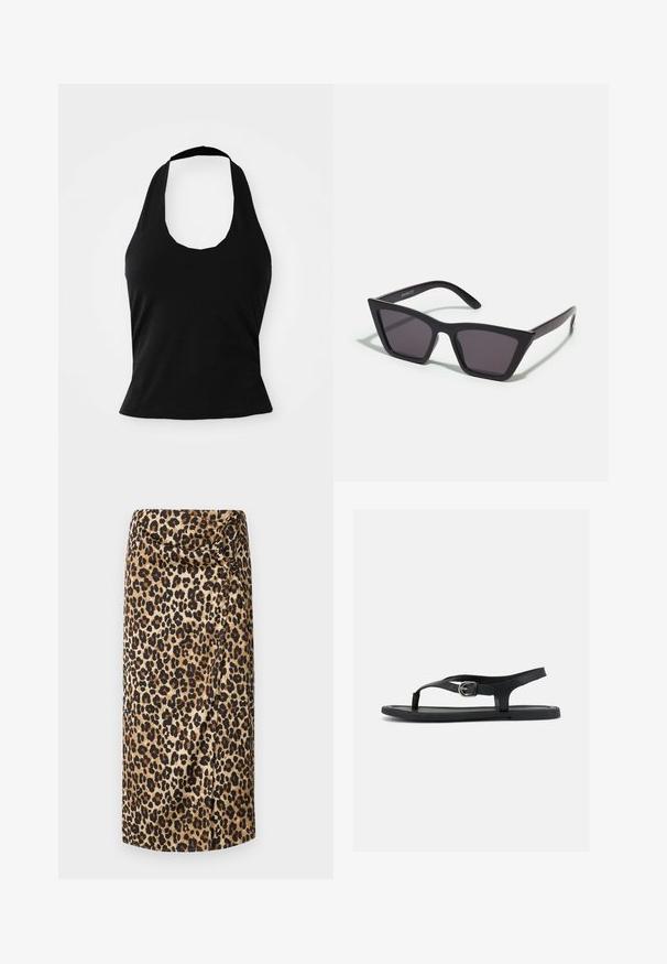 Sort halterneck top lavet af blød stof, med en scoop halsudskæring og en tætsiddende silhuet, med en glat tekstur og uden synlige mønstre.; Leopardprint midi-nederdel, silkeagtig tekstur, neutral beige bund med sorte og brune pletter, draperet design med en snoet detalje ved taljen.; Sort flad sandal med ankelrem, tæsepind og sølvspænde på glat sål, vist fra siden på hvid baggrund.; Sorte, kantede solbriller med grå linser; lavet af plast, med tykke stænger med en glat overflade og ingen synlig hardware.