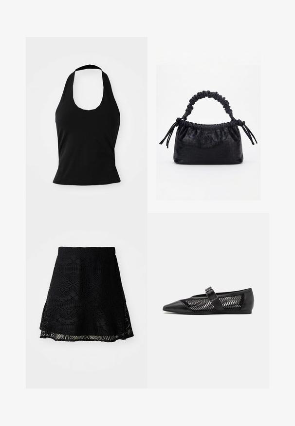 Μαύρο halter top από μαλακό ύφασμα, με στρογγυλή λαιμόκοψη και εφαρμοστή σιλουέτα, με λεία υφή και χωρίς ορατά σχέδια.; Μαύρη δαντελένια φούστα με περίπλοκα γεωμετρικά σχέδια, φουσκωτή γραμμή και ελαστική μέση. Διαθέτει στρωτό στρίφωμα για επιπλέον διάσταση.; Μαύρο επίπεδο παπούτσι με μυτερή μύτη, πλάγιες πάνελ από δίχτυ και λουράκι με λεπτομέρεια από αγκράφα. Λείος φινίρισμα στη μύτη και τις φτέρνες.; Μαύρη τσάντα με υφή κροκοδείλου, με πτυχώσεις στην πάνω άκρη, μαζεμένη λαβή και κορδόνια με φούντες σε κάθε πλευρά, πάνω σε λευκό φόντο.