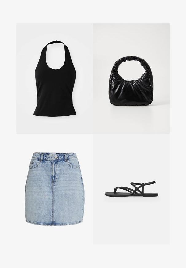 Zwarte haltertop gemaakt van zacht materiaal, met een ronde hals en een getailleerde pasvorm, voorzien van een gladde textuur en zonder zichtbare patronen.; Lichtblauwe denim mini-jurk met een sluiting met knopen en rits aan de voorkant, riemlussen en voorzakken.; Zwarte platte sandaal met dunne bandjes, teugel en verstelbare gesp enkelriem op een effen lichtgrijze achtergrond.; Zwarte gevoerde handtas met een ronde handgreep, met een gladde, glanzende oppervlakte en een zachte, gewatteerde textuur. Geen zichtbare metalen onderdelen of accenten.