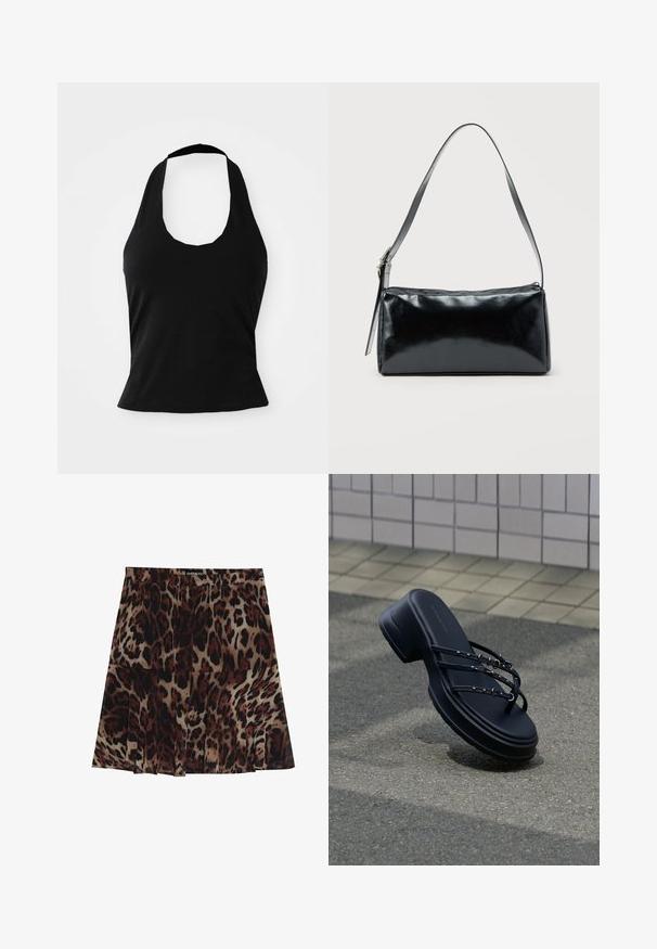 Μαύρο halter top από μαλακό ύφασμα, με στρογγυλή λαιμόκοψη και εφαρμοστή σιλουέτα, με λεία υφή και χωρίς ορατά σχέδια.; Μίνι φούστα με λεοπάρ σχέδιο και πτυχώσεις, με καφέ βάση και σκούρα καφέ και μαύρες κηλίδες. Ελαστική μέση για καλύτερη εφαρμογή.; Μαύρο πλατφόρμα σανδάλι με τρεις λεπτές λουρίδες και ασημένιες αγκράφες που αιωρείται πάνω από άσφαλτο κοντά σε τοιχο με πλακάκια.; Μαύρη ορθογώνια τσάντα ώμου με έναν ρυθμιζόμενο ιμάντα και κλείσιμο με φερμουάρ στην κορυφή σε μονόχρωμο φόντο.