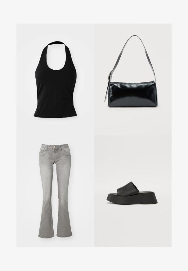 Schwarzes Halftertop aus weichem Stoff, mit einem U-Bootausschnitt und einer figurschmeichelnden Silhouette, glatter Textur und ohne sichtbare Muster.; Graue Schlagjeans mit mittelhoher Taille, Fronttaschen und Knopfverschluss, aus Denimstoff mit glatter Textur.; Schwarze Plateausandalen mit einem breiten Riemen und einer klobigen Sohle. Aus glattem Material mit mattem Finish und ohne sichtbare Hardware gefertigt.; Schwarze rechteckige Schultertasche mit einem verstellbaren Riemen und einem oberen Reißverschluss vor einfachem Hintergrund.