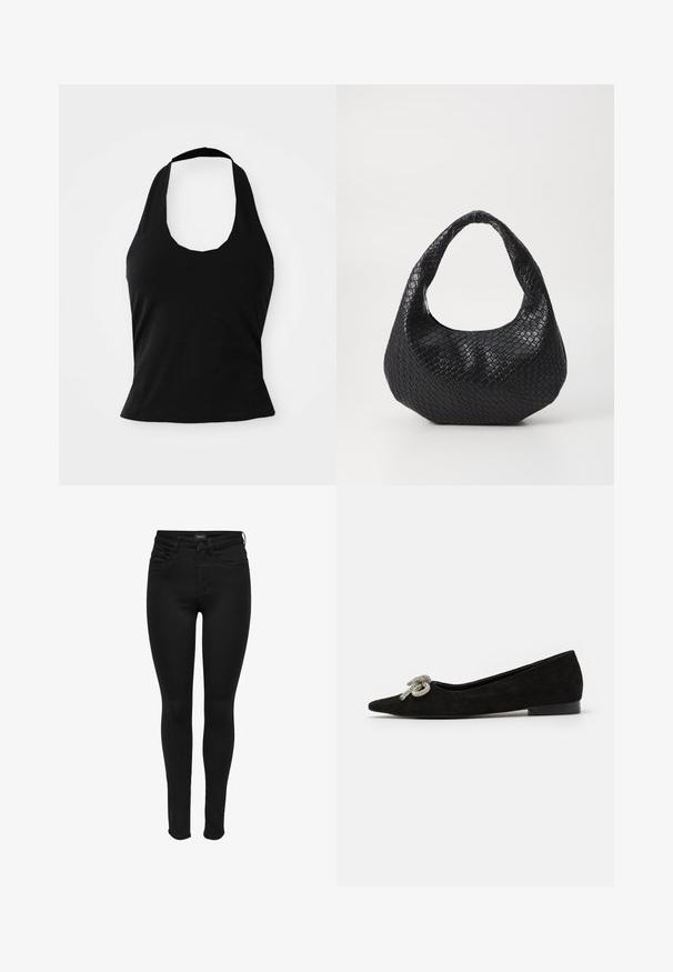 Μαύρο halter top από μαλακό ύφασμα, με στρογγυλή λαιμόκοψη και εφαρμοστή σιλουέτα, με λεία υφή και χωρίς ορατά σχέδια.; Μαύρα στενά τζιν από ντένιμ, με κλασικό σχεδιασμό πέντε τσεπών, φερμουάρ και λεία υφή με ελάχιστες ραφές.; Μαύρο σουέτ φλατ παπούτσι με μυτερή μύτη, διακοσμημένο με ασημί φιόγκο μπροστά και με χαμηλό τακούνι.; Μαύρη πλέ woven τσάντα με καμπύλη λαβή, με υφή επιφάνειας και χαλαρή σιλουέτα. Λείο φινίρισμα με οργανική μορφή.