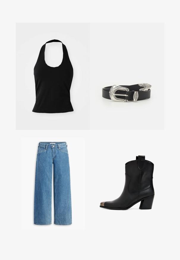 Sort halterneck top lavet af blød stof, med en scoop halsudskæring og en tætsiddende silhuet, med en glat tekstur og uden synlige mønstre.; Lysblå bredbenede jeans lavet af denim, med høj talje, fem lommer og en klassisk knaplukning. Lige snit fra lår til kant.; Sort læderankelstøvle med en let hæl, udstyret med en spids tå og metalhætte. Enkel syning og trækflap på bagsiden.; Sort læderbælte med en stor sølvmetalspænde, der har indviklede detaljer og dekorative accenter i begge ender.