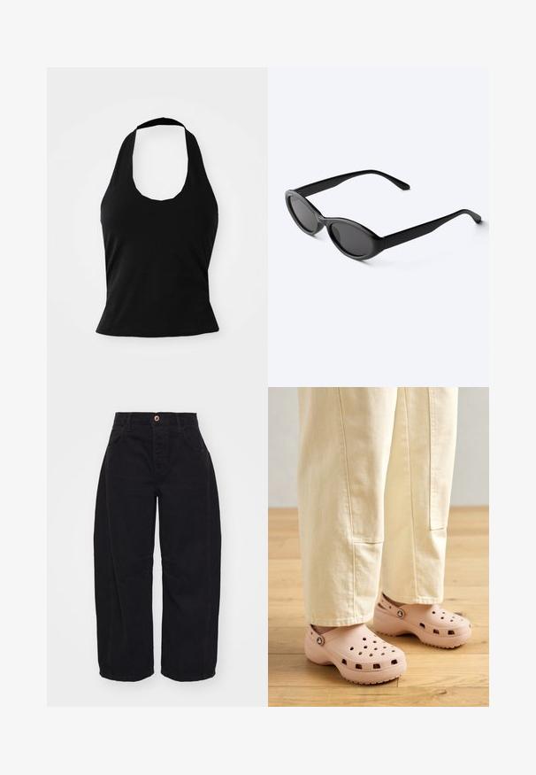 Zwarte haltertop gemaakt van zacht materiaal, met een ronde hals en een getailleerde pasvorm, voorzien van een gladde textuur en zonder zichtbare patronen.; Free People GOOD LUCK MID RISE BARREL - Relaxed fit jeans - soundwave; Lichtroze klompen van rubber, met ventilatiegaten, een gevormde pasvorm en een geprofileerde zool voor grip. Draagt in combinatie met lichtbeige broek.; Strakke zwarte ovale zonnebril met donkere glazen en rechte pootjes, rustend op een wit oppervlak.