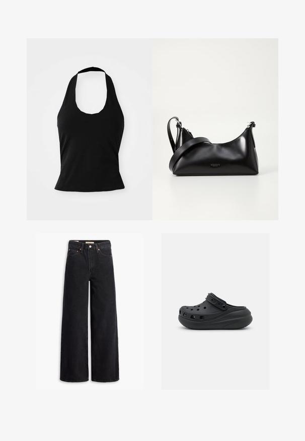 Haut halter noir en tissu doux, avec un col rond et une silhouette ajustée, à la texture lisse et sans motifs visibles.; Jean noir à jambe large en denim, comportant cinq poches, des rivets en laiton et une fermeture à bouton classique. Texture lisse avec un design épuré.; Sabot en caoutchouc noir avec des rainures de ventilation, un talon surélevé et une sangle ajustable. Texture lisse et forme arrondie.; Sac à main en cuir noir avec une texture lisse. Dispose d'une bandoulière adjustable et d'un design élégant et minimaliste avec une fermeture éclair.