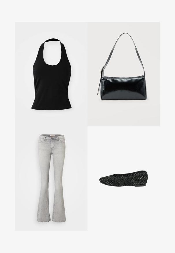 Haut halter noir en tissu doux, avec un col rond et une silhouette ajustée, à la texture lisse et sans motifs visibles.; Jeans en denim gris évasés avec une taille ajustée, un design à cinq poches et un léger délavage. Présentent une fermeture à bouton et un ourlet cousu.; Ballerines noires avec une surface perlée, dotées d'un bout rond et d'un petit talon, fabriquées à partir d'un tissu doux avec une finition texturée.; Sac d'épaule rectangulaire noir avec une sangle réglable unique et une fermeture éclair supérieure sur un fond uni.