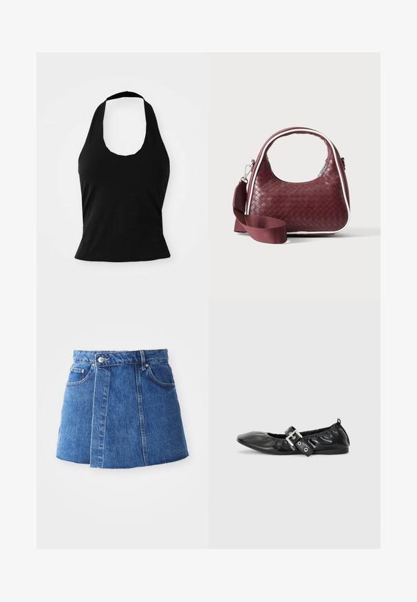 Schwarzes Halftertop aus weichem Stoff, mit einem U-Bootausschnitt und einer figurschmeichelnden Silhouette, glatter Textur und ohne sichtbare Muster.; Denim-Minirock in mittlerem Blau mit hoher Taille, vorderem Knopfverschluss, zwei Taschen und einem rohen Saum am unteren Ende.; Schwarze Leder-Ballerinas mit spitzem Zehenbereich, gerafften Details am Schaft und einem silbernen Schnallenakzent am verstellbaren Riemen.; Dunkelrote gewebte Ledertasche mit gebogenem Griff, weißem Besatz, silbernem Reißverschluss und abnehmbarem breitem Stoff-Schulterriemen vor einfarbigem Hintergrund.