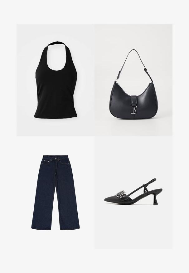 Schwarzes Halftertop aus weichem Stoff, mit einem U-Bootausschnitt und einer figurschmeichelnden Silhouette, glatter Textur und ohne sichtbare Muster.; Dunkelblaue, weit geschnittene Jeans aus Denim. Zu den Merkmalen gehören fünf Taschen, Gürtelschlaufen und kontrastierende orangefarbene Nähte. Keine Muster oder Verzierungen.; Simmi London DALA - Pumps - black; Pieces PCLIKA SHOULDER BAG - Handtasche - black