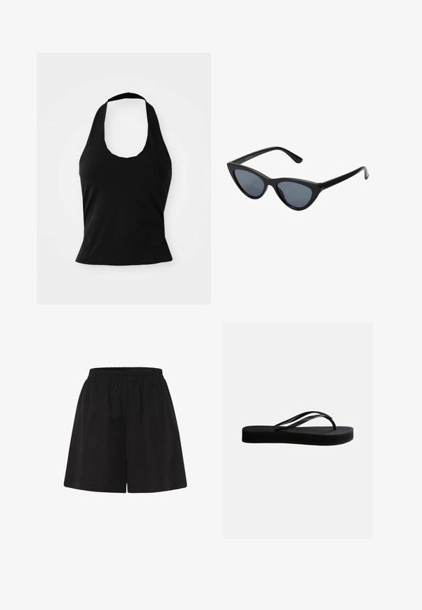 Top negro tipo halter hecho de una tela suave, con un escote redondeado y una silueta ajustada, con una textura lisa y sin patrones visibles.; Pantalones cortos de algodón negros con cinturilla elástica, con un ajuste holgado y un diseño de pierna recta. Textura suave, sin patrones o acentos adicionales.; Chancla negra de goma con suela texturizada y correa en forma de Y, mostrada en vista lateral sobre un fondo liso y claro.; Gafas de sol negras en forma de ojo de gato con lentes gris oscuro, marco de plástico elegante, esquinas puntiagudas y patillas rectas. Sin herrajes ni acentos visibles.