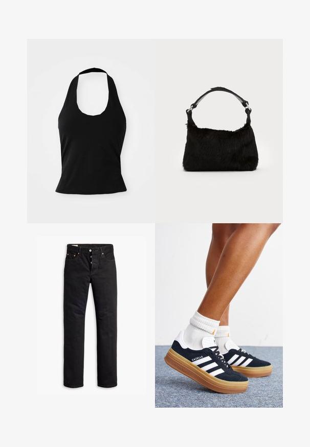 Schwarzes Halftertop aus weichem Stoff, mit einem U-Bootausschnitt und einer figurschmeichelnden Silhouette, glatter Textur und ohne sichtbare Muster.; Schwarze Denim-Jeans mit geradem Schnitt, Fünf-Taschen-Design und Knopfverschluss. Mit Kupfennieten und Nähtelementen.; Beine mit weißen Socken und schwarzen Adidas Gazelle Sneakers mit weißen Streifen und dicken braunen Sohlen auf einem grauen Teppichboden.; Schwarze Kunstfell-Handtasche mit weicher Textur, runder Form und einem stabilen schwarzen Leder-Schulterriemen. Sichtbare silberne Hardware-Akzente.