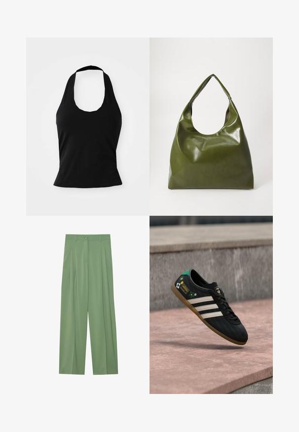 Top negro tipo halter hecho de una tela suave, con un escote redondeado y una silueta ajustada, con una textura lisa y sin patrones visibles.; Pantalones de pierna ancha verdes hechos de tela suave. Presentan pliegues en el frente, un cierre de botón único y pasadores para cinturón.; Zapatilla deportiva negra con rayas blancas, parte superior con estampado que presenta detalles florales y un talón verde. Suela de goma que proporciona tracción.; Bolsa hobo verde de cuero con un diseño suave, asa curvada y textura lisa. No contiene hardware visible ni acentos.