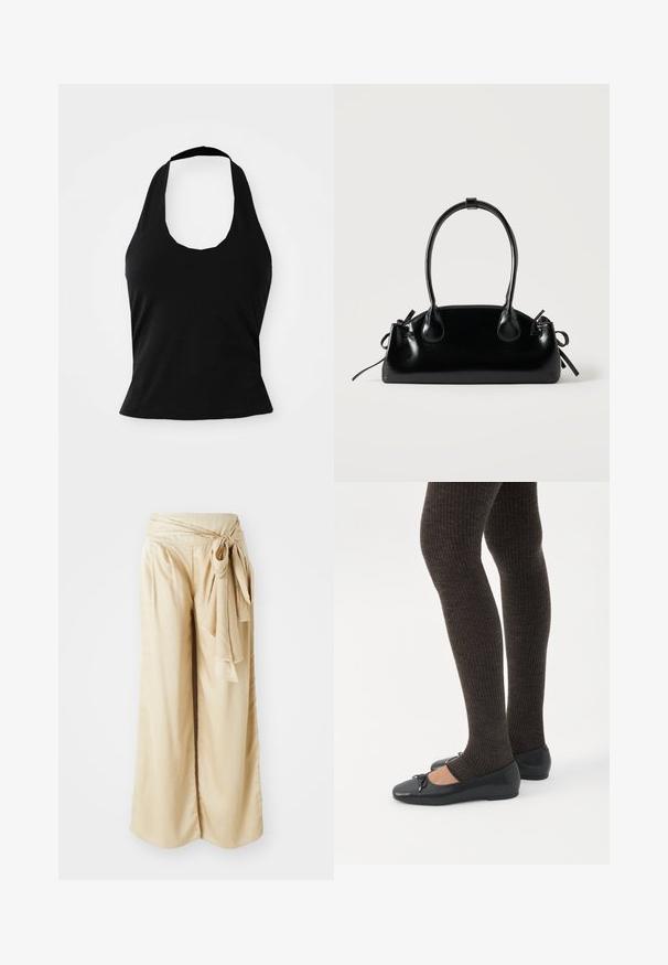 Μαύρο halter top από μαλακό ύφασμα, με στρογγυλή λαιμόκοψη και εφαρμοστή σιλουέτα, με λεία υφή και χωρίς ορατά σχέδια.; Φαρδιά παντελόνια από μαλακό μπεζ ύφασμα, με περιτυλιγμένη μέση και λεπτομέρεια από δέσιμο. Λείο υλικό με ρέουσα σχεδίαση.; Πόδια με σκουρόχρωμα ριμπ κολάν συνδυασμένα με μαύρα μπαλαρίνα παπούτσια με μικρές λεπτομέρειες φιόγκων σε λευκό φόντο.; Μικρή μαύρη γυαλιστερή τσάντα με δύο μακριές λαβές και λεπτομέρειες με ρυθμιζόμενο κορδόνι στο πλάι σε απλό ανοιχτό φόντο.