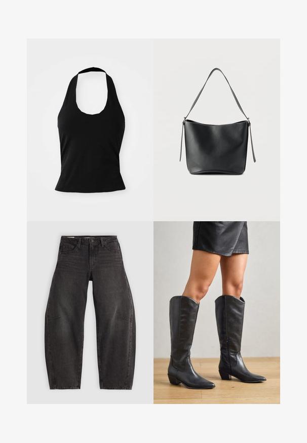 Zwarte haltertop gemaakt van zacht materiaal, met een ronde hals en een getailleerde pasvorm, voorzien van een gladde textuur en zonder zichtbare patronen.; Zwarte denim jeans met een relaxed fit, voorzien van vijf zakken, een knoopsluiting en subtiele vervaging. De stof heeft een soepele, stevige textuur.; Zwarte kniehoge laarzen van glad leer, met een puntige neus, lage blokhak en een ritssluiting aan de zijkant voor gemakkelijke aan- en uittrekking.; Zwarte leren schoudertas met een brede enkele band en subtiele zilveren details tegen een effen witte achtergrond.