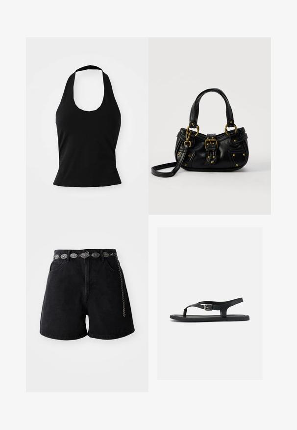 Sort halterneck top lavet af blød stof, med en scoop halsudskæring og en tætsiddende silhuet, med en glat tekstur og uden synlige mønstre.; Sorte denimshorts med højt liv, forlommer og et dekorativt sølvfarvet kædebælte med ovale detaljer. Glat tekstur.; Sort flad sandal med ankelrem, tæsepind og sølvspænde på glat sål, vist fra siden på hvid baggrund.; Sort læderhåndtaske med guldbælge og nitdetaljer, korte håndtag og en justerbar skulderrem på en ensfarvet hvid baggrund.