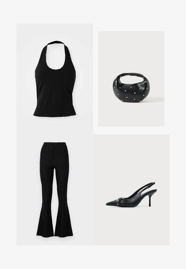 Μαύρο halter top από μαλακό ύφασμα, με στρογγυλή λαιμόκοψη και εφαρμοστή σιλουέτα, με λεία υφή και χωρίς ορατά σχέδια.; Μαύρο παντελόνι με καμπάνα φτιαγμένο από λεία ύλη, διαθέτοντας εφαρμοστή μέση, ίσιες γραμμές και καμπάνα στο τελείωμα. Χωρίς αξιοσημείωτα σχέδια ή διακοσμητικά στοιχεία.; Μαύρο δερμάτινο γυναίκειο παπούτσι με ψηλό τακούνι, μυτερή μύτη, λουράκι με αγκράφα και λεπτομέρεια με τρύπες μπροστά.; Μαύρη δερμάτινη τσάντα χειρός με στρογγυλεμένο σχήμα, διακοσμημένη με ασημένιες λεπτομέρειες με καρφιά και κοντή λαβή. Λείο υλικό και κλείσιμο με φερμουάρ.