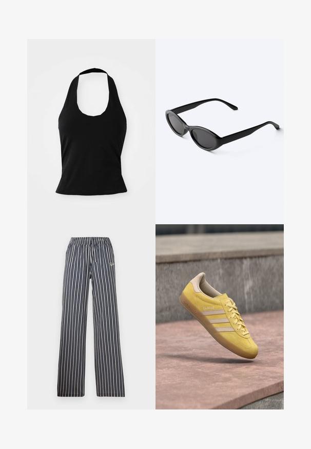 Top negro tipo halter hecho de una tela suave, con un escote redondeado y una silueta ajustada, con una textura lisa y sin patrones visibles.; Pantalones a rayas en navy y blanco con cinturilla elástica, piernas amplias y detalle de logo bordado en la cadera izquierda delantera.; Zapatilla deportiva de ante amarillo con puntera redondeada, cordones delanteros y tres franjas beige en el lateral. Presenta un talón beige de contraste y un interior acolchado.; Gafas de sol ovaladas negras y elegantes con lentes oscuras y patillas rectas, reposando sobre una superficie blanca.