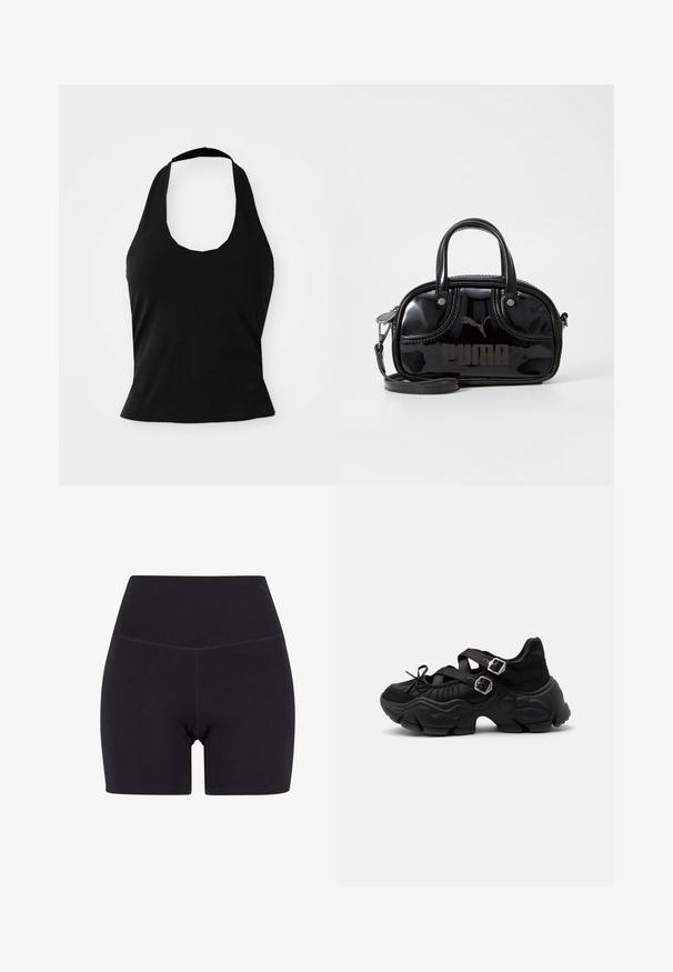 Μαύρο halter top από μαλακό ύφασμα, με στρογγυλή λαιμόκοψη και εφαρμοστή σιλουέτα, με λεία υφή και χωρίς ορατά σχέδια.; Μαύρο ψηλόμεσο σορτσάκι από ελαστικό ύφασμα. Διαθέτει ελαστική μέση, λεία υφή και μήκος μέχρι το μέσο του μηρού με αόρατο σχέδιο.; Μαύρο χοντρό αθλητικό παπούτσι με παχιά σόλα, δύο ρυθμιζόμενους ιμάντες με ασημένιες αγκράφες και λεπτομέρεια με κορδόνια μπροστά.; Μαύρη τσάντα πατέντας από δέρμα με διπλές λαβές στην κορυφή, αποσπώμενος ιμάντας ώμου, στρογγυλή μορφή και έντονα ανάγλυφο λογότυπο "PUMA".