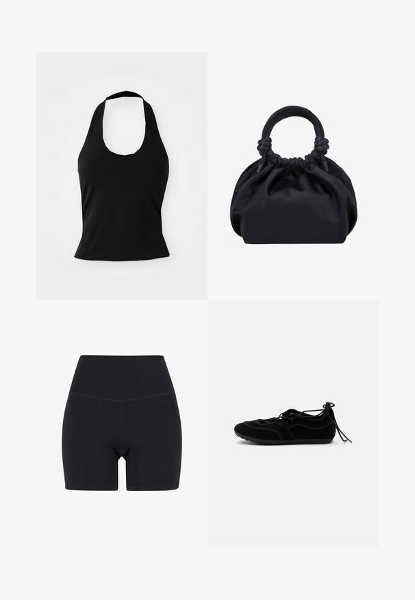 Μαύρο halter top από μαλακό ύφασμα, με στρογγυλή λαιμόκοψη και εφαρμοστή σιλουέτα, με λεία υφή και χωρίς ορατά σχέδια.; Μαύρο ψηλόμεσο σορτσάκι από ελαστικό ύφασμα. Διαθέτει ελαστική μέση, λεία υφή και μήκος μέχρι το μέσο του μηρού με αόρατο σχέδιο.; Μαύρο σουέντ παπούτσι μπαλαρίνας με κορδόνι που δένει γύρω από τον αστράγαλο και υφασμένο καουτσούκ πάτο, εμφανίζεται από το πλάι σε απλό φόντο.; Μαύρη μαλακή τσάντα από ύφασμα με ραμμένο πάνω μέρος και κυκλικές επενδεδυμένες λαβές δεμένες με κόμπους σε κάθε πλευρά.