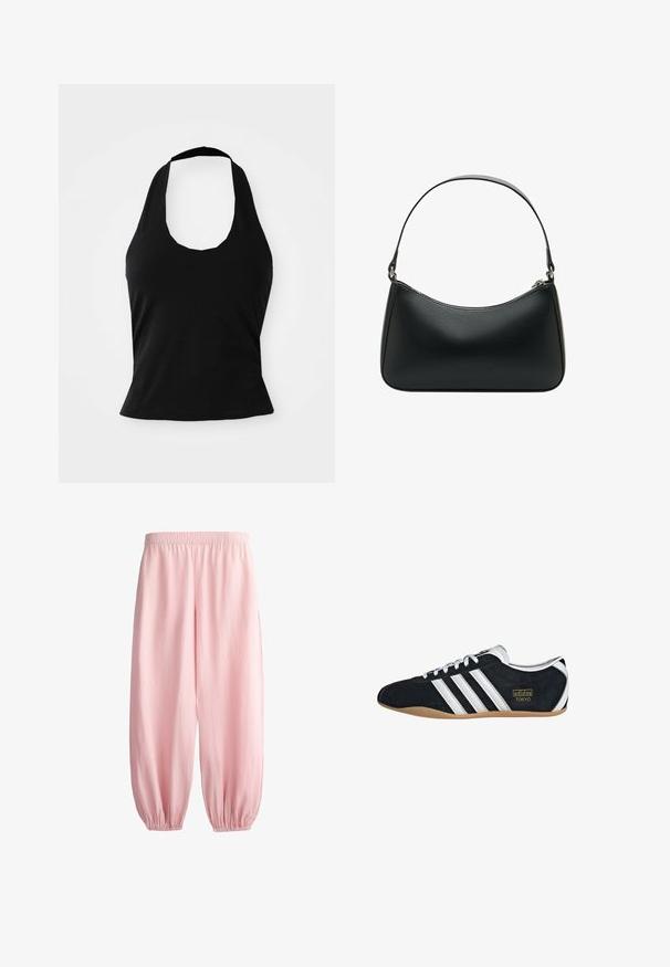 Haut halter noir en tissu doux, avec un col rond et une silhouette ajustée, à la texture lisse et sans motifs visibles.; Pantalon ample rose clair avec taille élastique et bracelets élastiques aux chevilles sur fond blanc.; Sneakers en suede noir avec trois bandes blanches, logo doré et semelle en caoutchouc marron. Présente un design à lacets à profil bas.; Sac à bandoulière en cuir noir avec une forme arrondie, une seule sangle plate et une fermeture éclair supérieure. Texture lisse avec des détails matériels minimalistes.