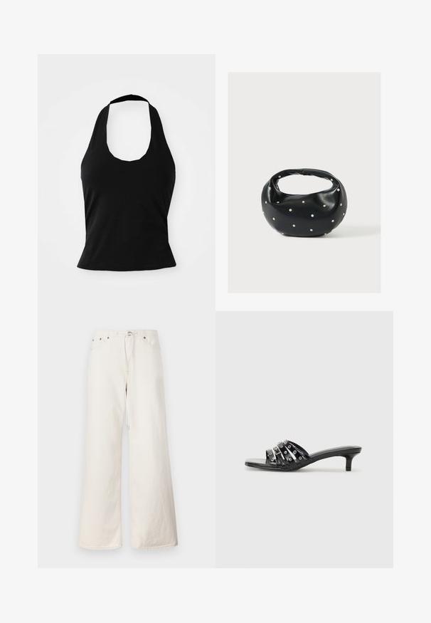 Haut halter noir en tissu doux, avec un col rond et une silhouette ajustée, à la texture lisse et sans motifs visibles.; Pantalon en denim blanc à jambes larges avec taille à cordon, poches avant et détails de couture subtils. Fabriqué en coton robuste.; Sandales à talons noires avec plusieurs brides brillantes et des accents métalliques, présentant un bout pointu et des talons kitten discrets. Texture lisse.; Sac à main en cuir noir de forme arrondie, décoré de clous argentés et équipé d'une poignée courte. Texture lisse et fermeture éclair.