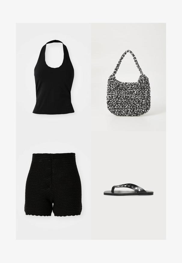 Top negro tipo halter hecho de una tela suave, con un escote redondeado y una silueta ajustada, con una textura lisa y sin patrones visibles.; Shorts de ganchillo negro con textura acanalada, cintura alta y dobladillo con puntilla. Diseñados para una silueta ajustada y material transpirable.; Sandalia tipo chancla plana negra con tachuelas metálicas a lo largo de la correa, mostrada de perfil sobre un fondo claro y liso.; Bolso de mano tejido en blanco y negro con forma redondeada, superficie texturizada y asa trenzada. Adecuado para uso casual.