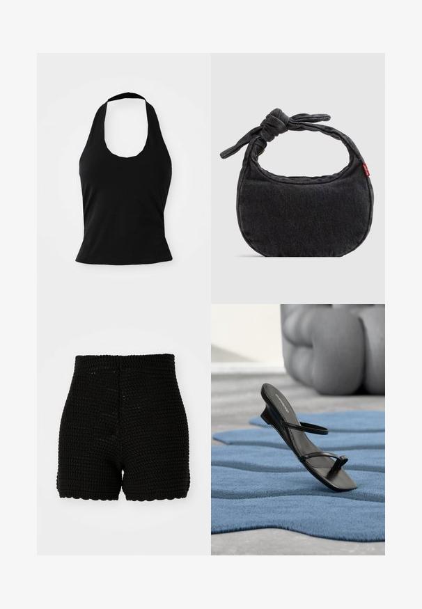 Top negro tipo halter hecho de una tela suave, con un escote redondeado y una silueta ajustada, con una textura lisa y sin patrones visibles.; Shorts de ganchillo negro con textura acanalada, cintura alta y dobladillo con puntilla. Diseñados para una silueta ajustada y material transpirable.; Sandalia negra con tiras y lazo para el dedo en una alfombra texturizada azul, con un gran objeto decorativo gris desenfocado en el fondo.; Bolso pequeño de hombro de mezclilla negra con correa anudada y cierre de cremallera, con una etiqueta de tela roja de Levi's en el lateral.