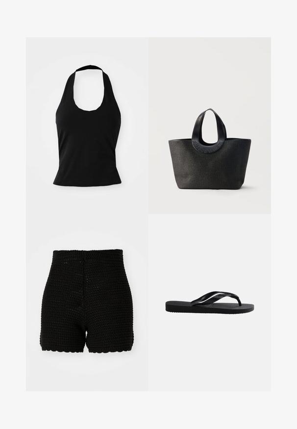 Top negro tipo halter hecho de una tela suave, con un escote redondeado y una silueta ajustada, con una textura lisa y sin patrones visibles.; Shorts de ganchillo negro con textura acanalada, cintura alta y dobladillo con puntilla. Diseñados para una silueta ajustada y material transpirable.; Chancla negra de goma con plantilla texturizada y correa en forma de Y lisa sobre un fondo claro simple.; Bolsa tote negra texturizada con asas anchas y redondeadas que presenta el nombre de la marca en relieve "Samsøe Samsøe" sobre un fondo neutro.