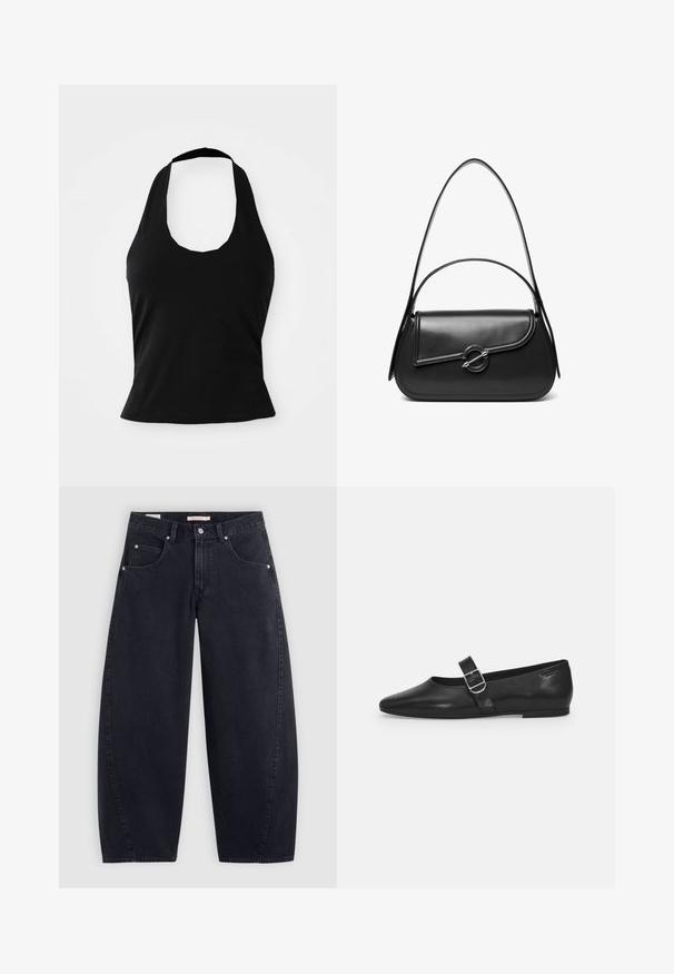 Zwarte haltertop gemaakt van zacht materiaal, met een ronde hals en een getailleerde pasvorm, voorzien van een gladde textuur en zonder zichtbare patronen.; Zwarte denim wijde pijpen jeans met een hoge taille, twee frontzakken en zilveren hardware. Gladde textuur, minimale stiksels en rechte snit.; Zwarte leren platte schoen met een ronde neus, een enkele verstelbare gespsluiting en een gladde, glanzende textuur. Minimalistisch ontwerp met een lage hak.; Zwarte leren schoudertas met een gebogen klep die is bevestigd met een ronde metalen sluiting en een smalle, verstelbare band.
