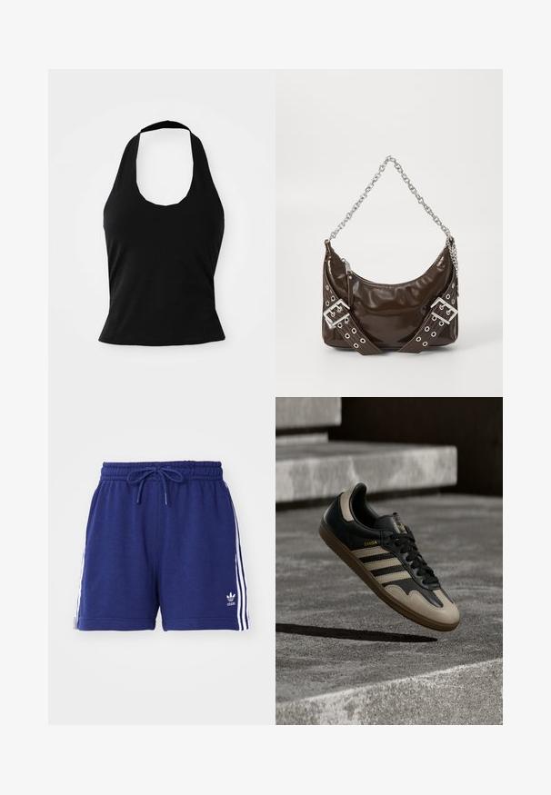 Zwarte haltertop gemaakt van zacht materiaal, met een ronde hals en een getailleerde pasvorm, voorzien van een gladde textuur en zonder zichtbare patronen.; Marineblauwe sportshorts met een trekkoord in de taille, voorzien van witte zijkanten en een geborduurd logo aan de onderkant links. Zachte stoftextuur.; Zwarte en beige leren sneaker met drie witte strepen, een beige rubberen zool en gouden "Samba"-details aan de zijkant.; Donkerbruin gepolijst leren handtas met een zilveren kettingriem, decoratieve dubbele gespriemen, en ritssluiting.