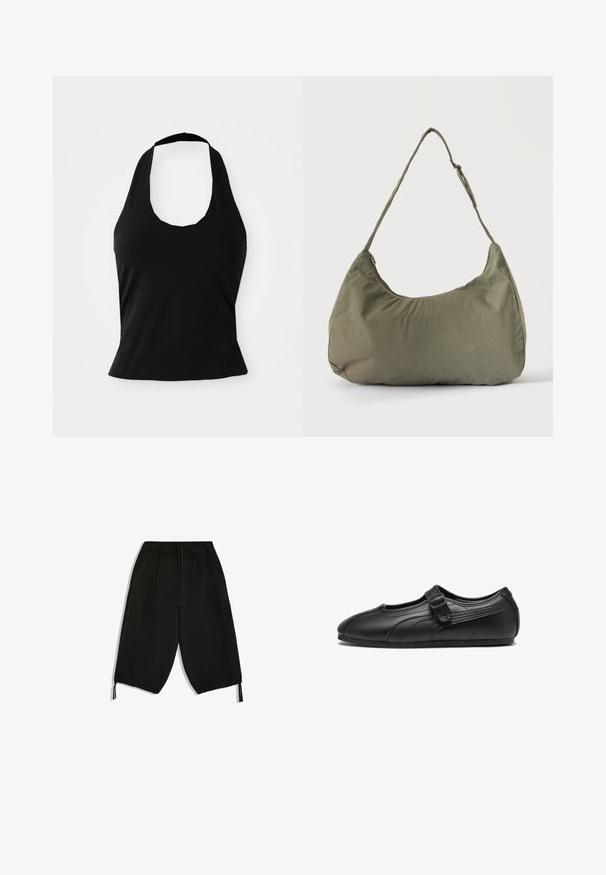 Top halter negru, realizat dintr-un material moale, cu decolteu rotund și o siluetă ajustată, având o textură netedă și fără modele vizibile.; Pantaloni negri scurtați, cu croială lejeră, talie elastică, șnururi la talie și tiv, și buzunare laterale.; Pantof Mary Jane din piele neagră cu curea cu cataramă, talpă joasă și plată și detalii cusute subtile pe părțile laterale și în zona degetelor.; Geantă de umăr din material textil moale verde măsliniu, cu închidere cu fermoar şi curea reglabilă, pe un fundal simplu, deschis.