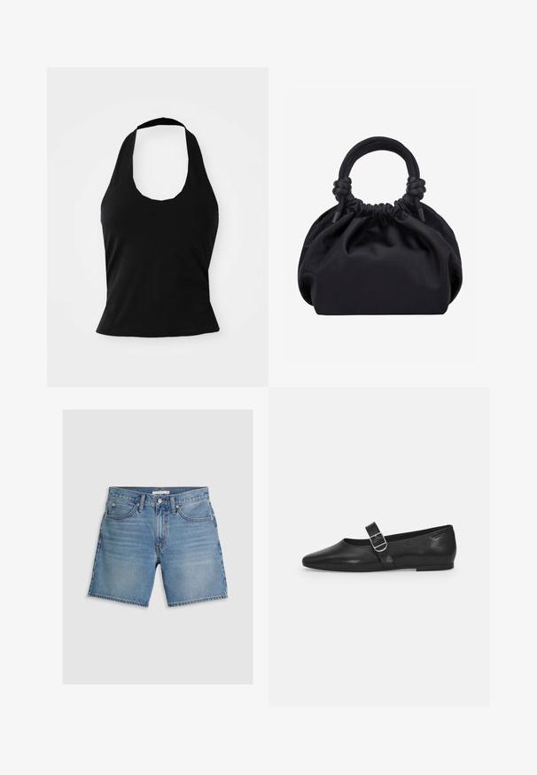 Haut halter noir en tissu doux, avec un col rond et une silhouette ajustée, à la texture lisse et sans motifs visibles.; Shorts en jean bleu clair, avec une coupe droite, cinq poches et une fermeture à bouton. Fabriqués en coton avec une texture lisse.; Chaussure plate en cuir noir avec un bout arrondi, une seule sangle réglable à boucle et une texture lisse et brillante. Design minimaliste avec un petit talon.; Sac à main en tissu noir doux avec haut froncé et poignées circulaires rembourrées nouées de chaque côté.