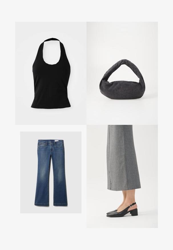 Sort halterneck top lavet af blød stof, med en scoop halsudskæring og en tætsiddende silhuet, med en glat tekstur og uden synlige mønstre.; Blå denim flared jeans med fem lommer, kobbernitter, subtilt slid, og et klassisk taljebånddesign. Lige skåret kant forneden.; Sorte læder slingback sko med spids tå, blokhæl og kontrasterende lyserød hælafslutning. Glat tekstur med minimalistisk design.; Mørkegrå stofpose med et buet håndtag, blød tekstur og rund form. Ingen synligt hardware eller pynt.
