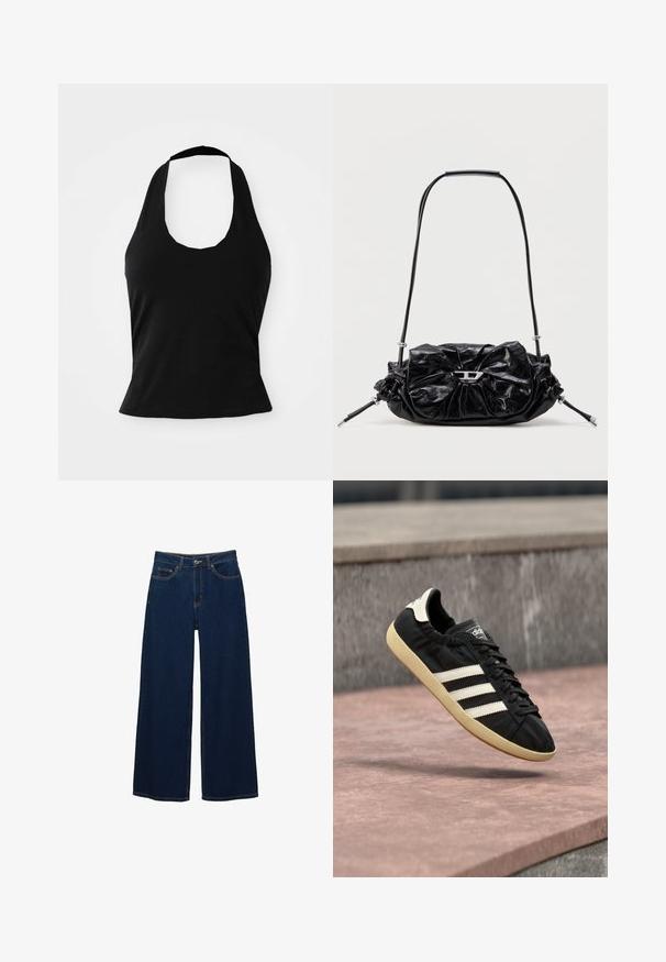 Zwarte haltertop gemaakt van zacht materiaal, met een ronde hals en een getailleerde pasvorm, voorzien van een gladde textuur en zonder zichtbare patronen.; Donkerblauwe jeans met brede pijpen van spijkerstof; voorzien van voorzakken en een knoopsluiting; opvallende stiksels langs de naden; geen patronen of versieringen.; Zwarte Adidas sneaker met witte strepen en beige zool, vastgelegd in de lucht boven een stenen oppervlak en een stenen muur op de achtergrond.; Zwarte leren handtas met een geplooid design en een strikdetail aan de voorkant. Voorzien van een korte handgreep en zilverkleurige metalen accenten.