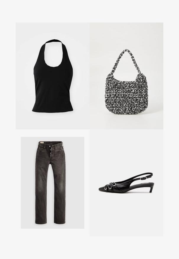 Top negro tipo halter hecho de una tela suave, con un escote redondeado y una silueta ajustada, con una textura lisa y sin patrones visibles.; Jeans rectos de color gris oscuro de mezclilla, con cierre de botones, diseño de cinco bolsillos y un sutil desgaste en la tela.; Zapato slingback de cuero negro con punta puntiaguda, tres hebillas plateadas en la parte delantera y tacón bajo tipo «kitten» sobre fondo blanco.; Bolso de mano tejido en blanco y negro con forma redondeada, superficie texturizada y asa trenzada. Adecuado para uso casual.