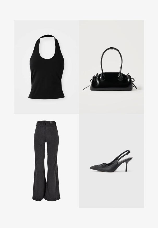 Μαύρο halter top από μαλακό ύφασμα, με στρογγυλή λαιμόκοψη και εφαρμοστή σιλουέτα, με λεία υφή και χωρίς ορατά σχέδια.; Μαύρα τζιν με φαρδιά κοπή και λεία υφή, ψηλή μέση και λογότυπο στο πίσω μέρος. Διαθέτουν σχέδιο φαρδιού ποδιού και ενισχυμένες ραφές.; Μαύρο δερμάτινο slingback στιλέτο με μυτερή μύτη, πλευρική λουρίδα με κοπίτσα, τρουκς κατά μήκος της άκρης και διακοσμητική δέσιμο μπροστά.; Μικρή μαύρη γυαλιστερή τσάντα με δύο μακριές λαβές και λεπτομέρειες με ρυθμιζόμενο κορδόνι στο πλάι σε απλό ανοιχτό φόντο.