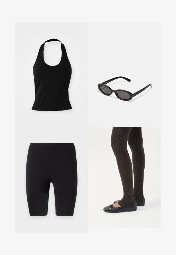 Must mustriba mustriba pehmeast kangast, millel on ringikujuline krae ja liibuva siluett, sile tekstuur ja ilma nähtavate mustriteta.; Mustad, põlvi katvad leggings, mis on valmistatud elastsemast kangast. Omavad sujuvat tekstuuri ning laia elastset vöökohta mugavuseks ja sobivuseks.; Jalad seljas tumedad soonelises soonelises kombines mustade baleriinadega, millel on väikesed paelade detailid valgel taustal.; Even&Odd by Zalando Päikeseprillid - black
