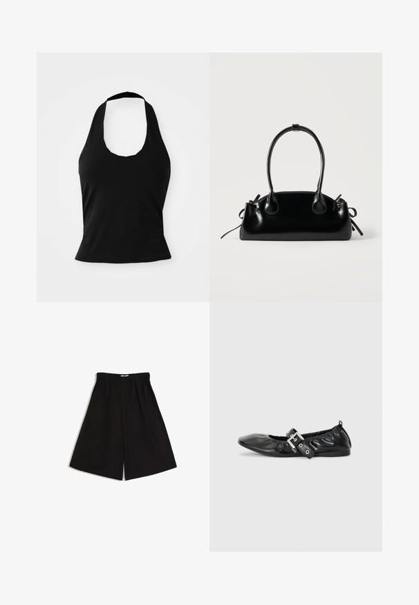 Haut halter noir en tissu doux, avec un col rond et une silhouette ajustée, à la texture lisse et sans motifs visibles.; Short noir à jambes larges avec une taille élastique et des poches latérales, présenté à plat sur un fond blanc.; Chaussure plate en cuir noir avec un nez pointu, des détails froncés autour de l'ouverture et un accent en boucle argentée sur la bride ajustable.; Petit sac à main noir brillant avec deux longues anses et des détails à cordon sur les côtés sur un fond clair uni.