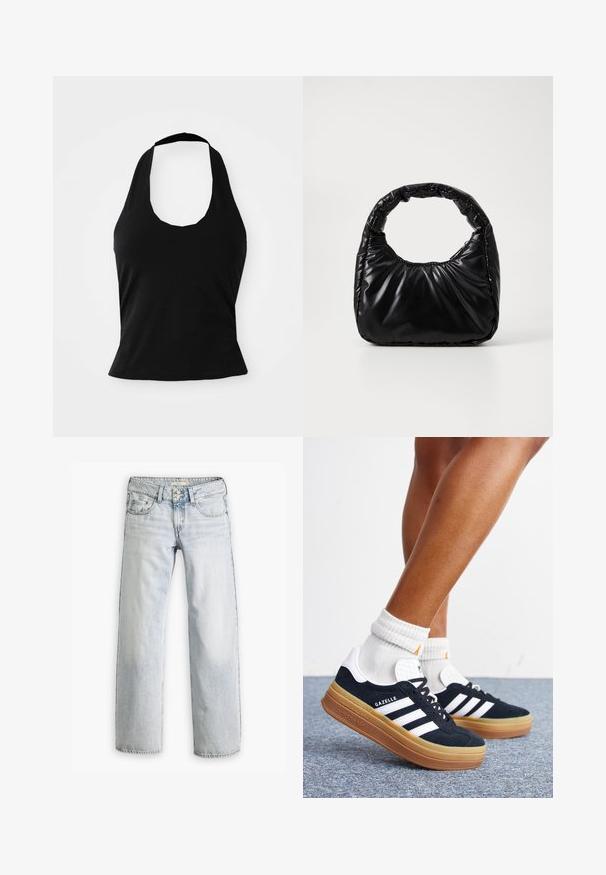 Haut halter noir en tissu doux, avec un col rond et une silhouette ajustée, à la texture lisse et sans motifs visibles.; Jean en denim bleu clair avec une coupe décontractée, taille haute et design à cinq poches. Éléments de surpiqûre et fermeture à bouton.; Jambes portant des chaussettes blanches et des baskets Adidas Gazelle noires avec des bandes blanches et des semelles épaisses marron sur un sol recouvert de moquette grise.; Sac à main noir rembourré avec une poignée arrondie, présentant une surface lisse et brillante ainsi qu'une texture douce et matelassée. Pas de quincaillerie ou d'accents visibles.