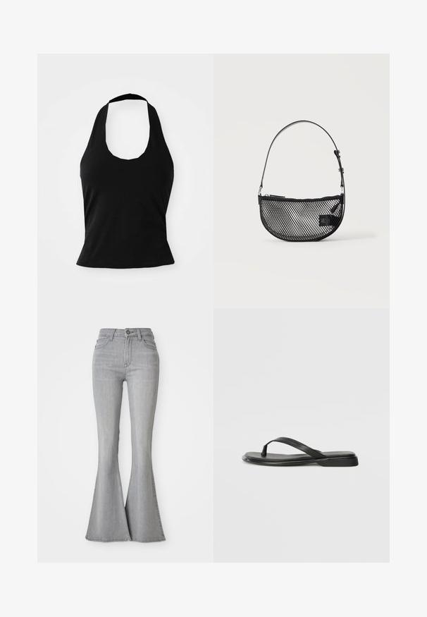 Haut halter noir en tissu doux, avec un col rond et une silhouette ajustée, à la texture lisse et sans motifs visibles.; Jean en denim gris clair taille haute avec des jambes évasées, bouton frontal, fermeture éclair, et poches avant et arrière.; Tongs noires en cuir lisse, avec un design de sangle fine et une semelle plate à profil minimal. Aucun motif ou accent notables.; Sac à main en maille noire forme demi-lune avec une courte bandoulière en cuir réglable et une fermeture éclair sur un fond clair uni.