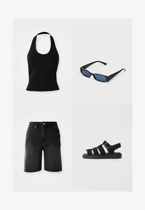 Zwarte haltertop gemaakt van zacht materiaal, met een ronde hals en een getailleerde pasvorm, voorzien van een gladde textuur en zonder zichtbare patronen.; Zwarte denim shorts met een vervaagde wassing, rafelig zoom, klassieke vijf-pocket ontwerp en een enkele knoopsluiting. Dikke stiksels accentueren het geheel.; Zwarte suède sandalen met drie brede bandjes en een verstelbare gesp. Dikke rubberen zool met een textuurpatroon voor grip. Zijaanzicht.; Zwarte zonnebril met een slank rechthoekig frame en blauwe lenzen. Heeft een gladde textuur en stevige pootjes. Merklogo aan de zijkant.