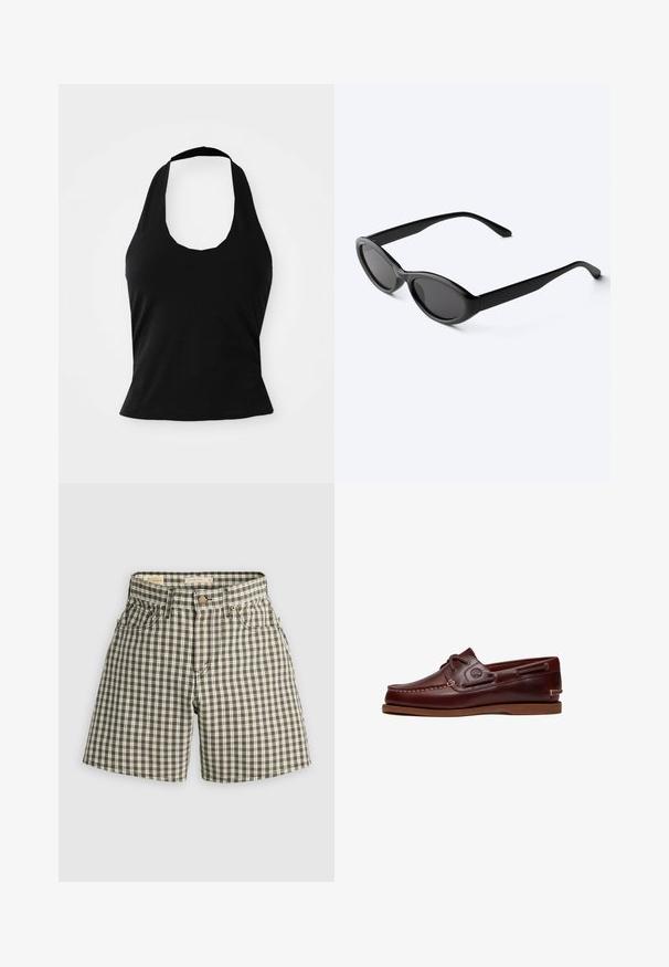 Μαύρο halter top από μαλακό ύφασμα, με στρογγυλή λαιμόκοψη και εφαρμοστή σιλουέτα, με λεία υφή και χωρίς ορατά σχέδια.; Καφέ και λευκές καρό βερμούδες με κλείσιμο κουμπιού, δύο μπροστινές τσέπες και χαλαρή εφαρμογή. Κατασκευασμένες από υφαντό ύφασμα με απαλό υφή.; Καφέ δερμάτινο παπούτσι σκάφους με κορδόνια, λεπτομέρειες ραφής και λογότυπο Timberland στο πλάι, εμφανίζεται σε λευκό φόντο.; Κομψά μαύρα οβάλ γυαλιά ηλίου με σκούρους φακούς και ίσια μπράτσα, που ξεκουράζονται σε λευκή επιφάνεια.